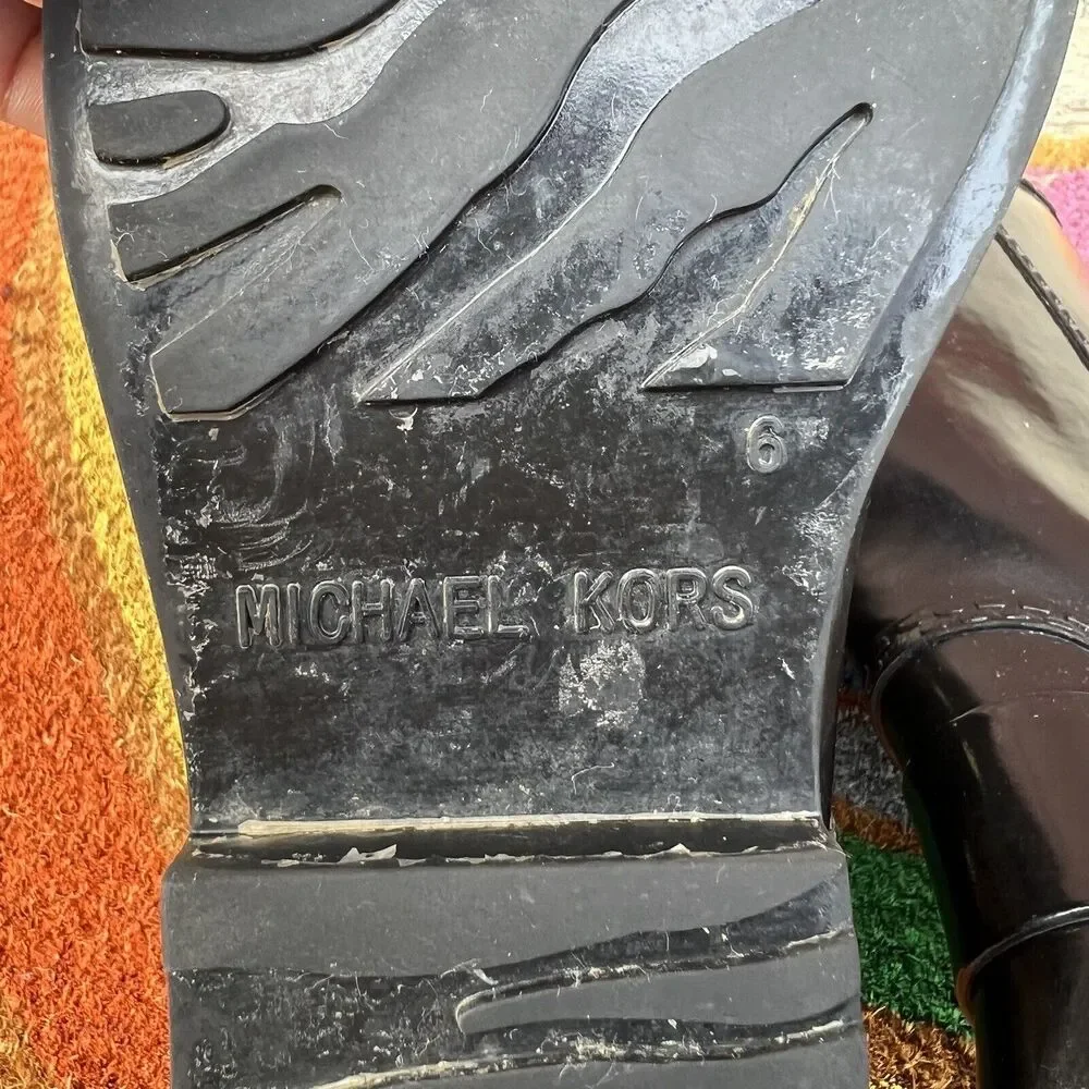 Michael Kors Fulton Harness Tall Rain Boots Womens Size 6 Black Gold Logo Gloss - Picture 11 of 11